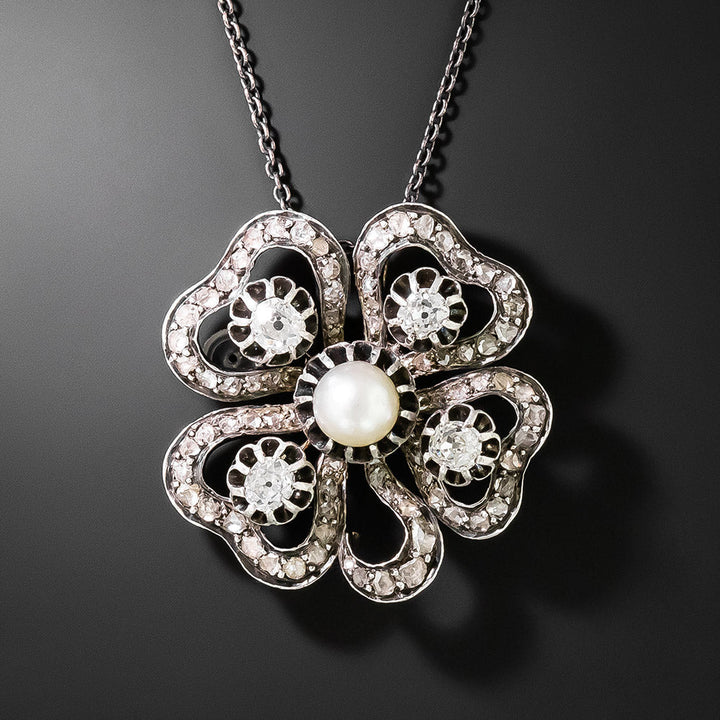 Victorian Diamond and Natural Pearl Clover Pendant