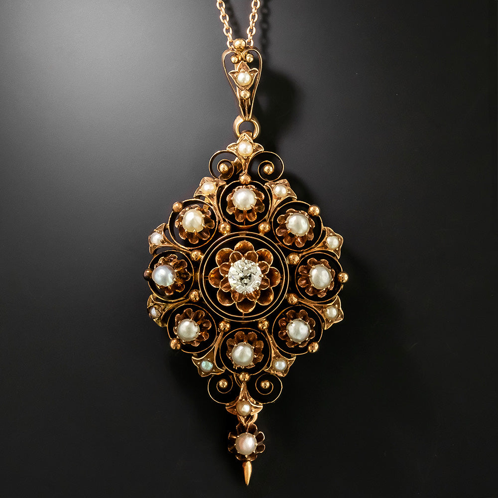 Victorian Diamond and Natural Pearl Pendant/Brooch - 2
