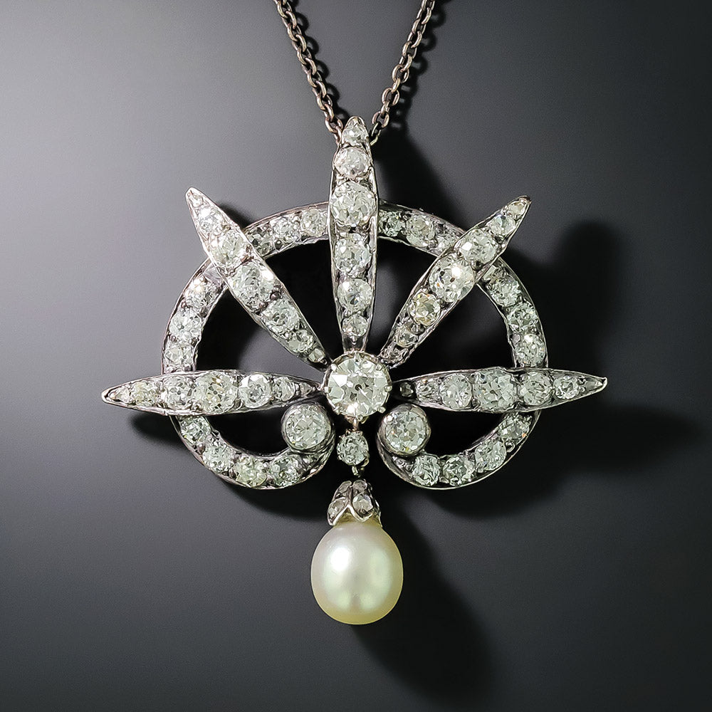 Victorian Diamond and Natural Pearl Pendant - GIA - 2