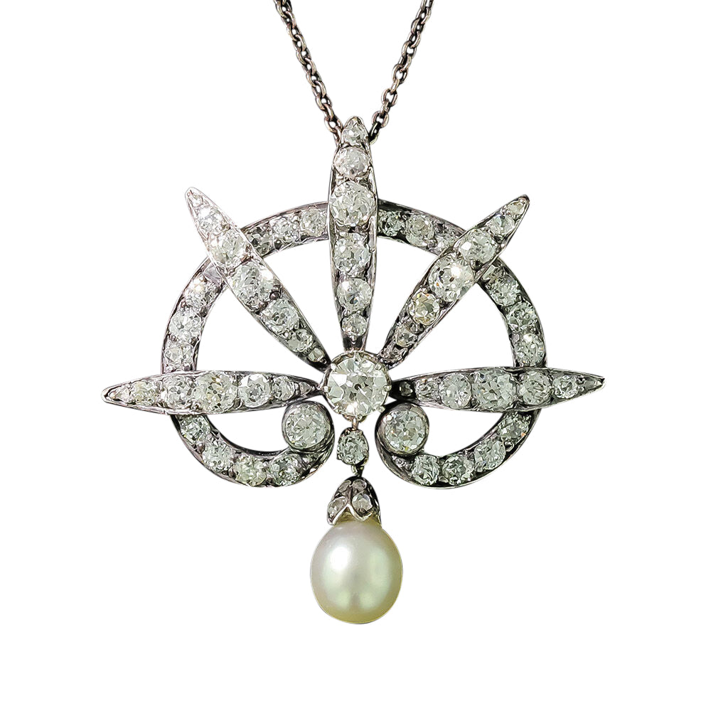 Victorian Diamond and Natural Pearl Pendant - GIA - 3