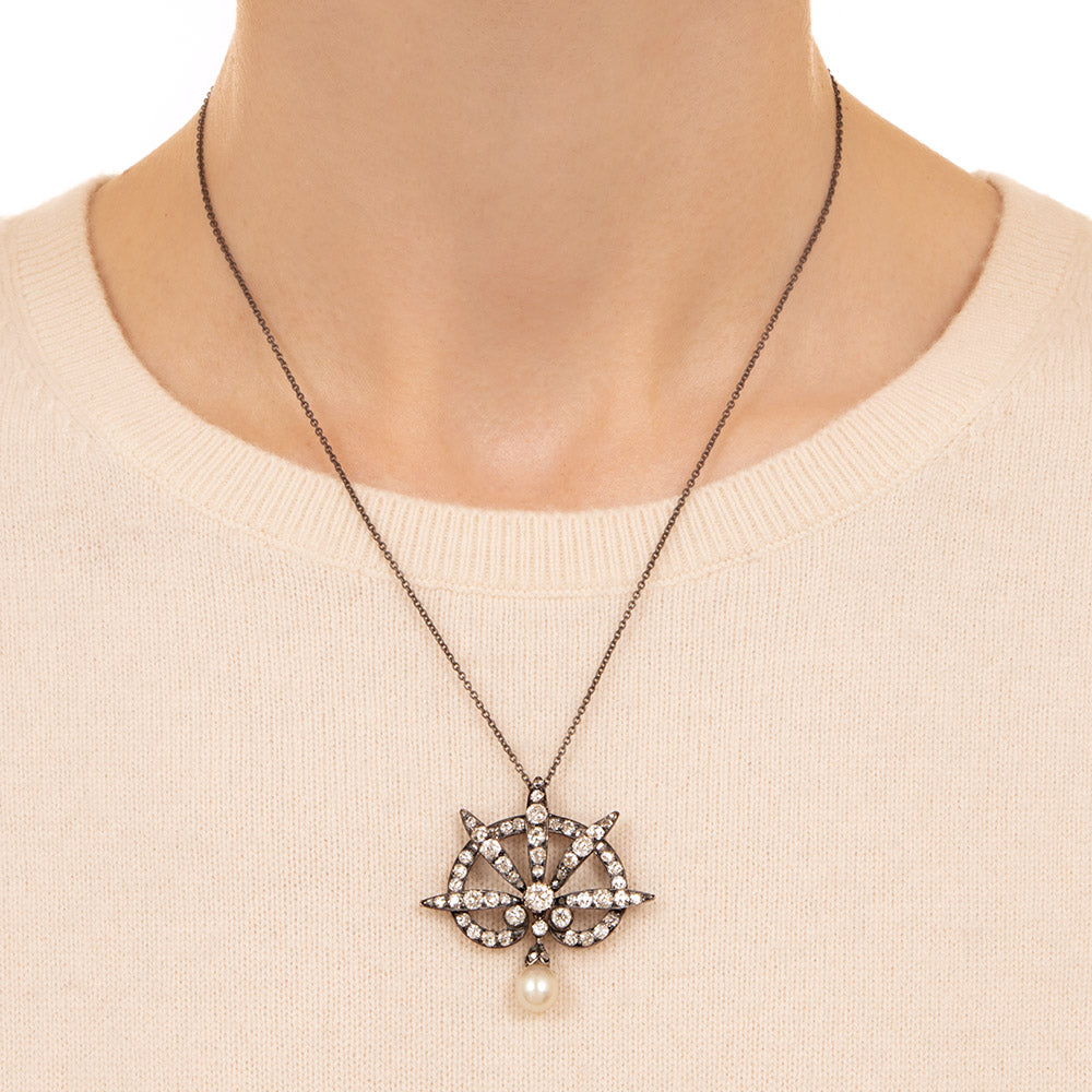Victorian Diamond and Natural Pearl Pendant - GIA - 4