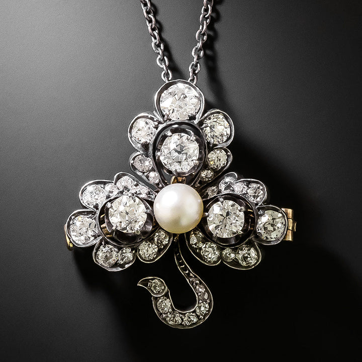 Victorian Diamond and Natural Pearl Shamrock Pendant/Brooch, Austro-Hungarian