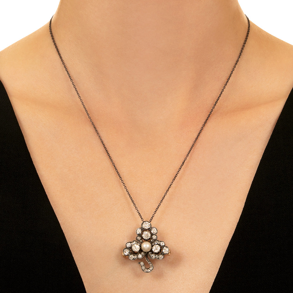 Victorian Diamond and Natural Pearl Shamrock Pendant/Brooch, Austro-Hungarian - 4