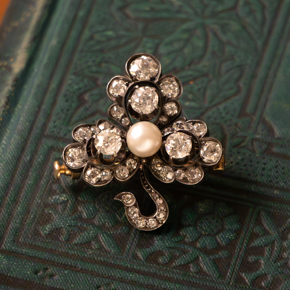 Victorian Diamond and Natural Pearl Shamrock Pendant/Brooch, Austro-Hungarian - 7