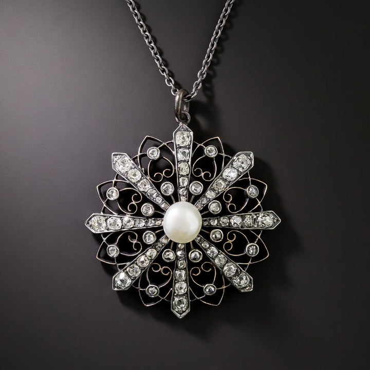 Victorian Diamond and Natural Pearl Starburst Pendant