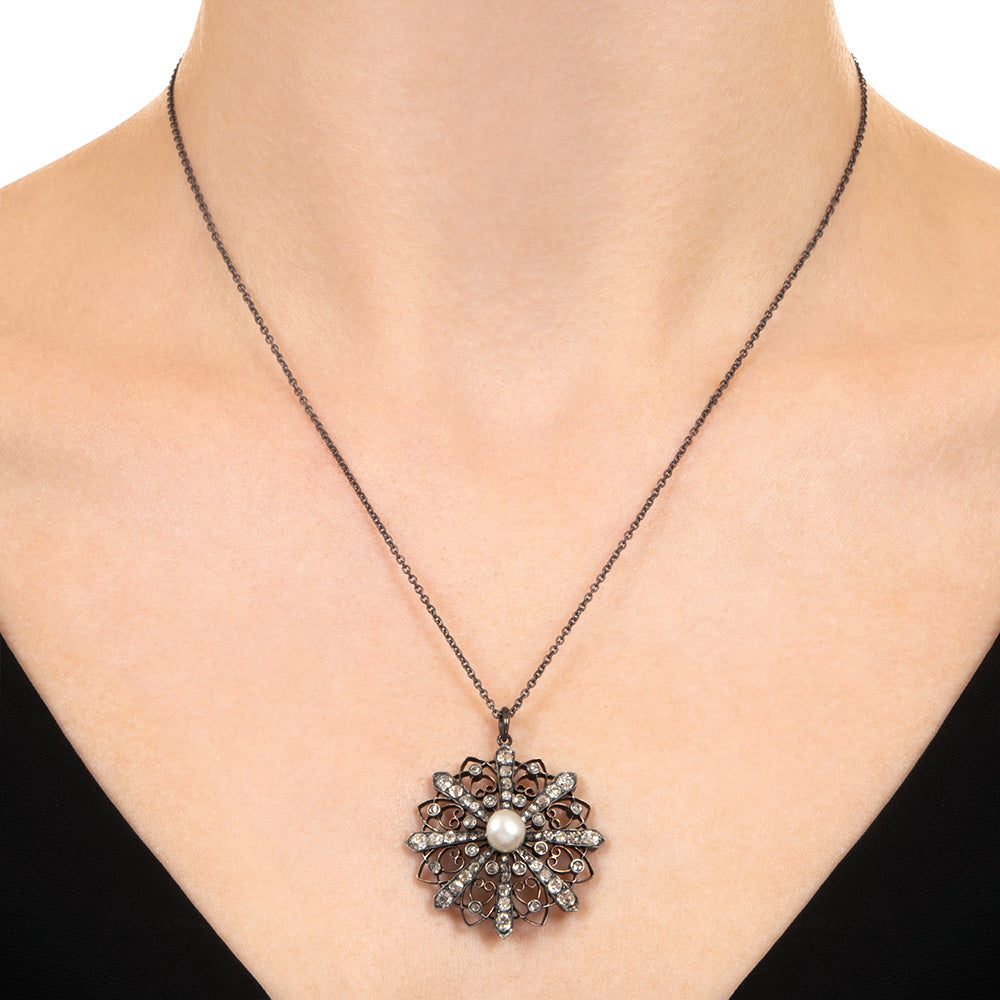 Victorian Diamond and Natural Pearl Starburst Pendant - 4