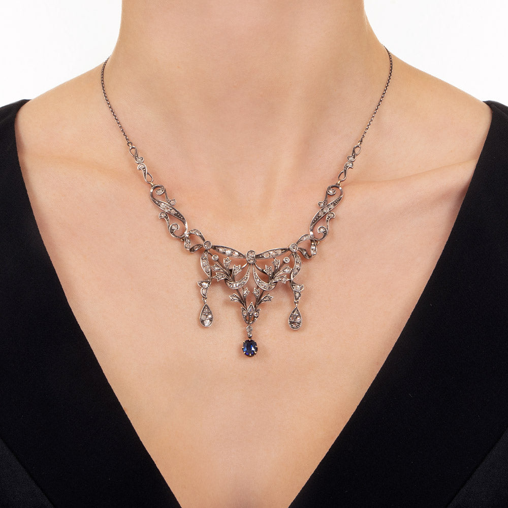 Victorian Diamond And No-Heat Burma Sapphire Necklace - 4