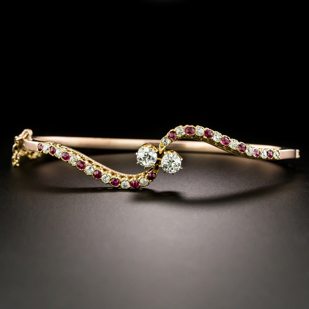 Victorian Diamond and Ruby Bypass Bangle Bracelet - 2
