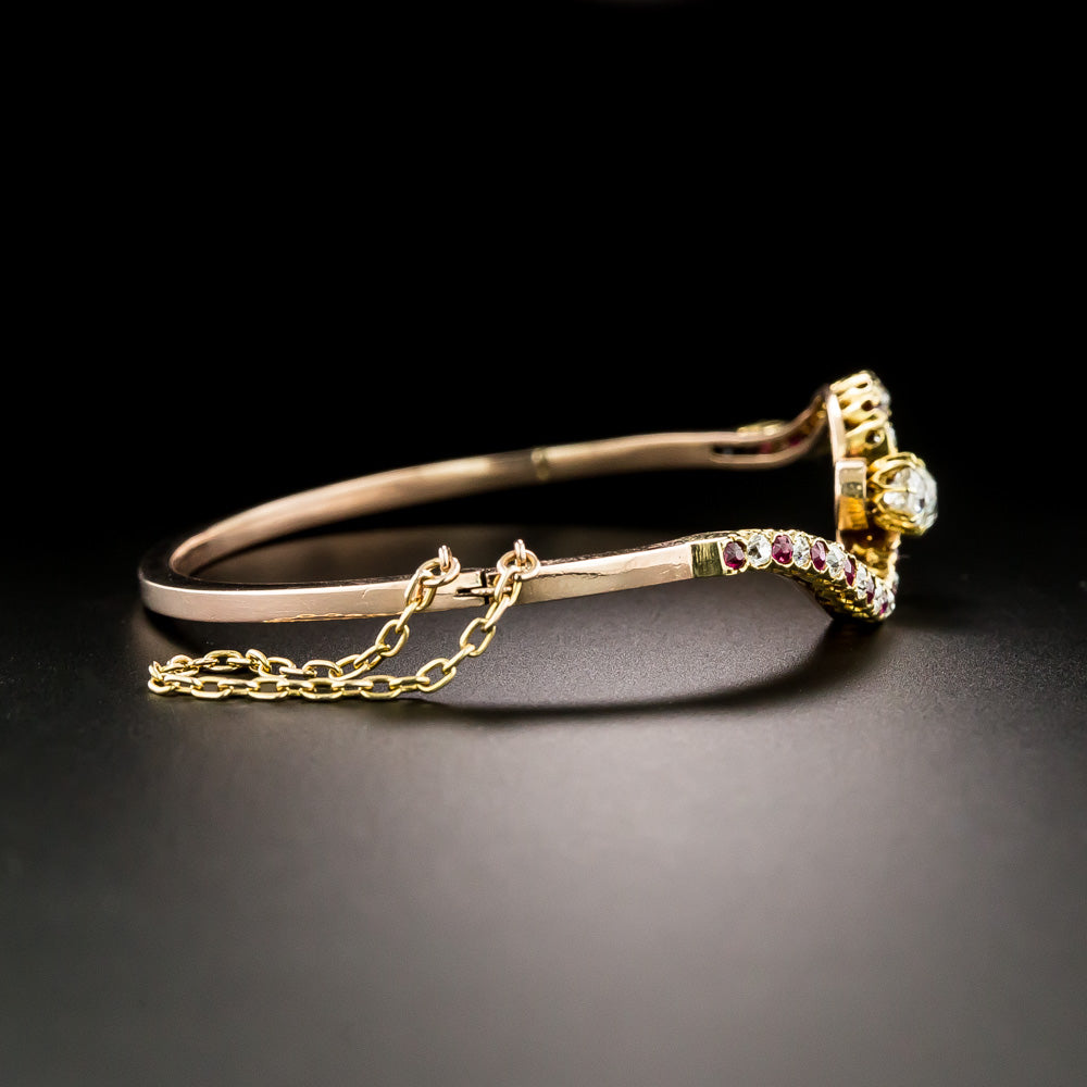 Victorian Diamond and Ruby Bypass Bangle Bracelet - 3