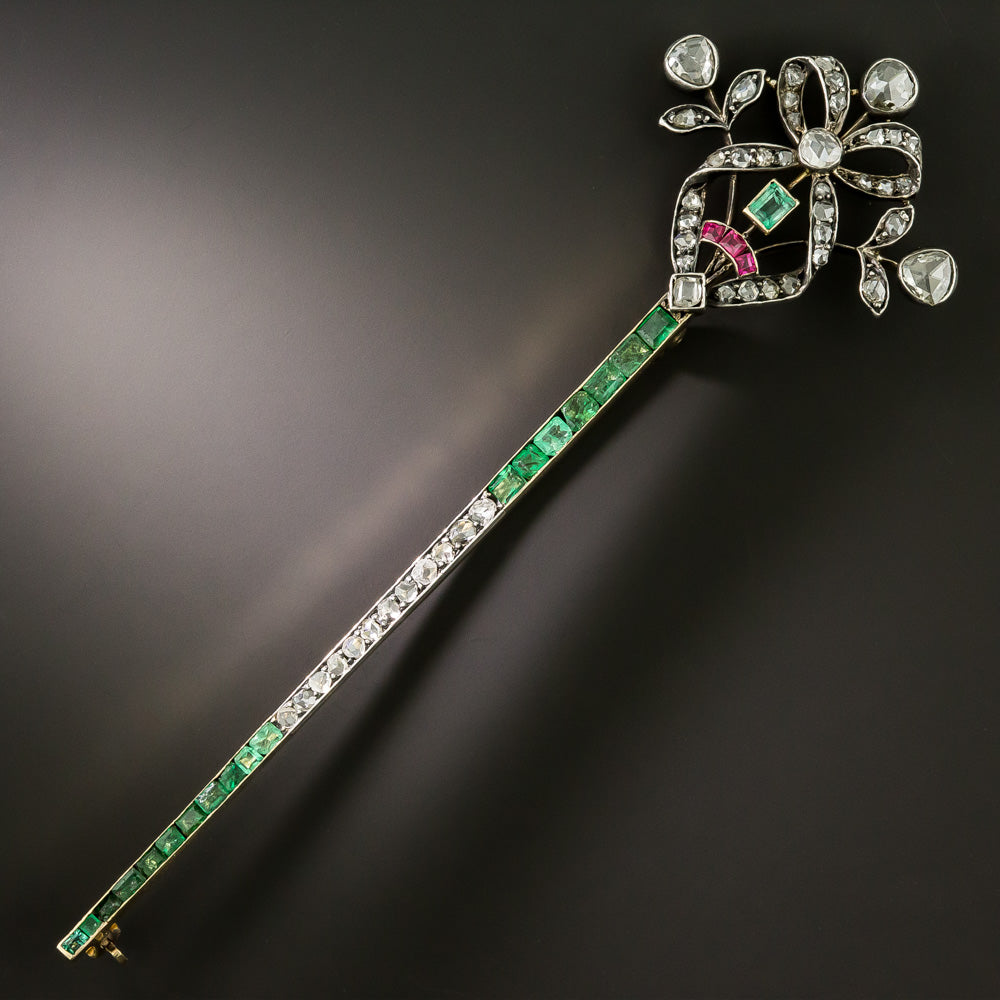Victorian Diamond Bow, Emerald and Ruby Lapel Pin - 2