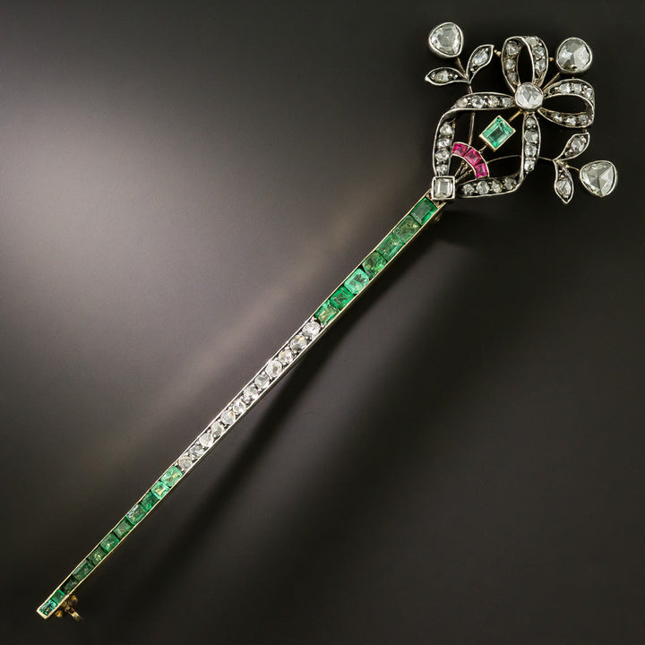 Victorian Diamond Bow, Emerald and Ruby Lapel Pin