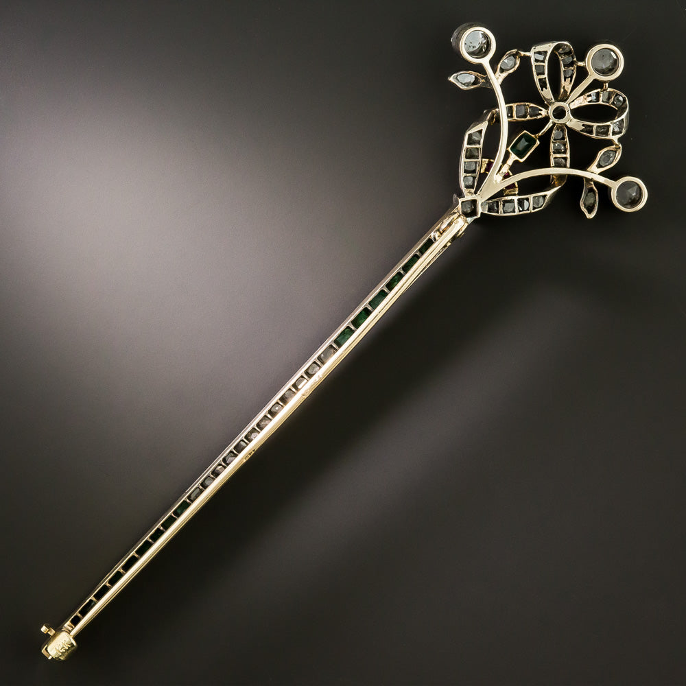 Victorian Diamond Bow, Emerald and Ruby Lapel Pin - 3