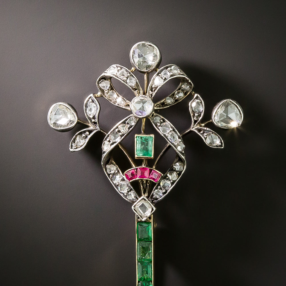 Victorian Diamond Bow, Emerald and Ruby Lapel Pin - 4