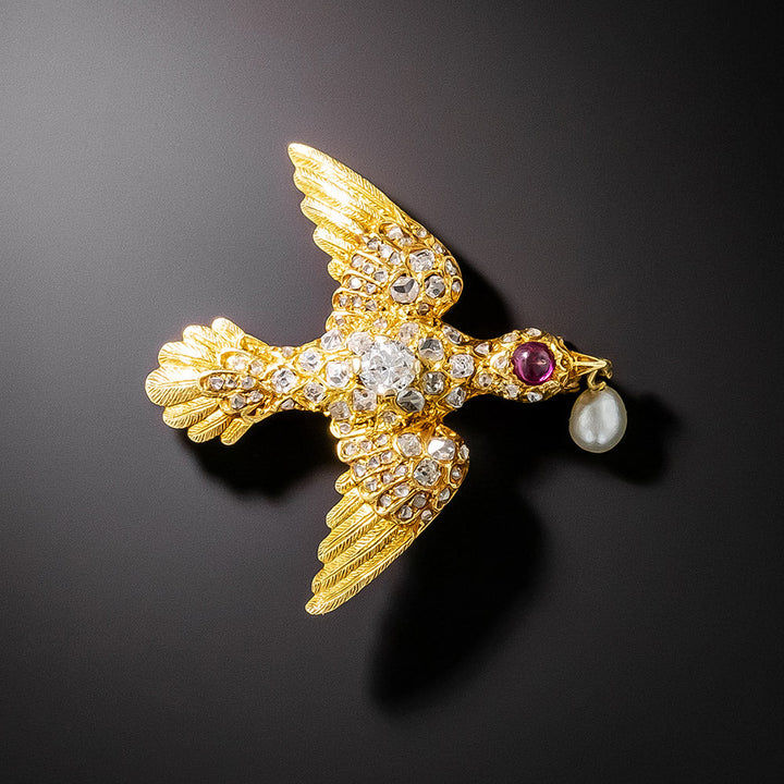 Victorian Diamond, Ruby and Pearl Bird Pin