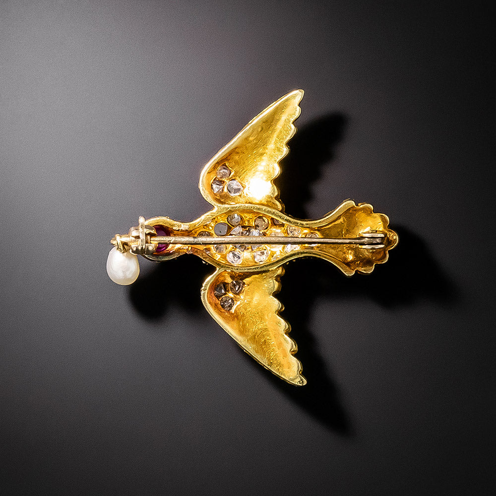 Victorian Diamond, Ruby and Pearl Bird Pin - 2