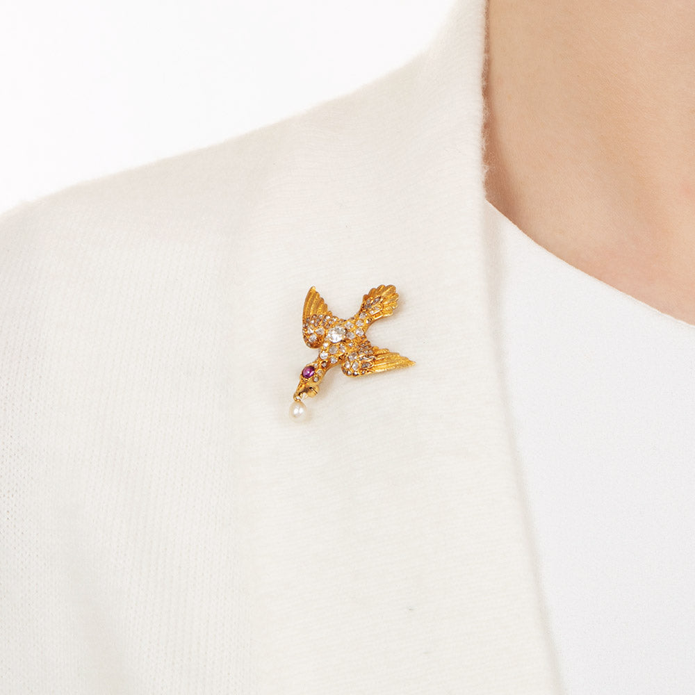 Victorian Diamond, Ruby and Pearl Bird Pin - 3