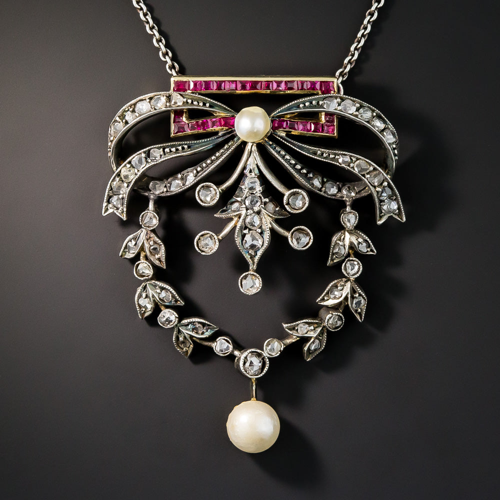 Victorian Diamond, Synthetic Ruby and Pearl Garland Necklace - 1