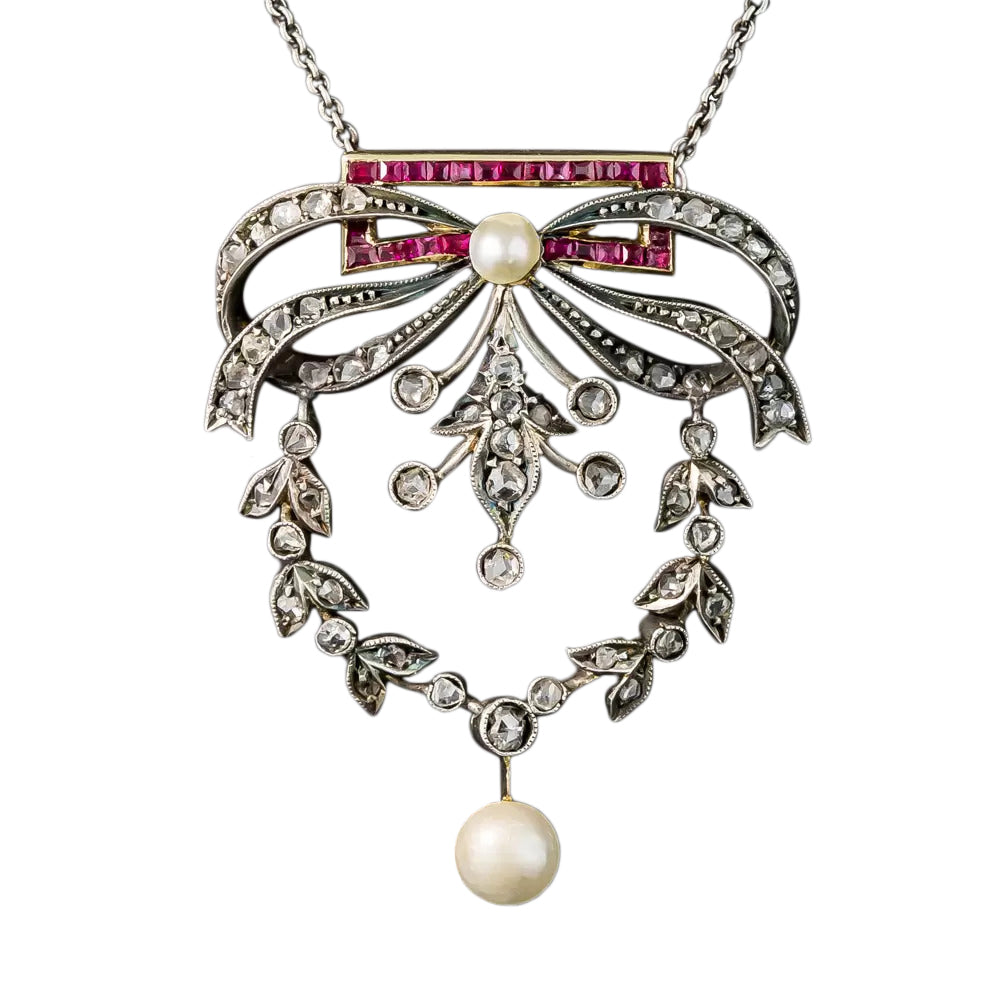 Victorian Diamond Ruby and Pearl Garland Necklace - 2
