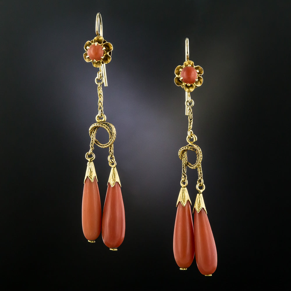 Victorian Double Coral Dangle Earrings - 1