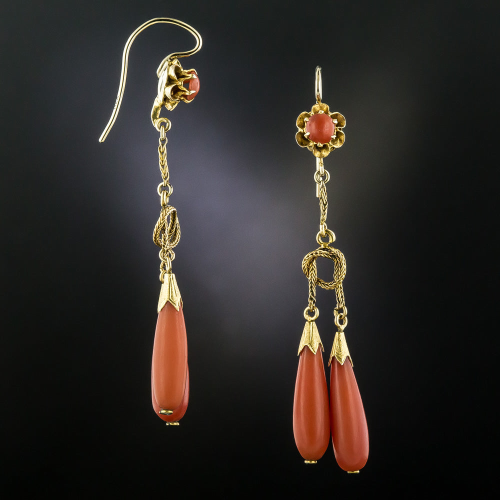 Victorian Double Coral Dangle Earrings - 2