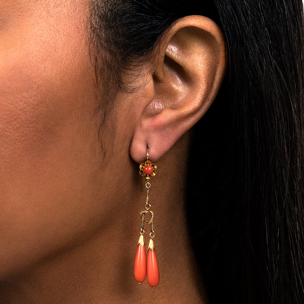Victorian Double Coral Dangle Earrings - 4