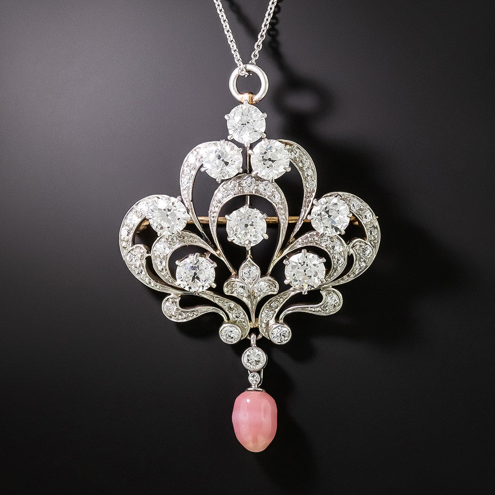 Edwardian Diamond and Conch Pearl Lavaliere/Brooch - 1