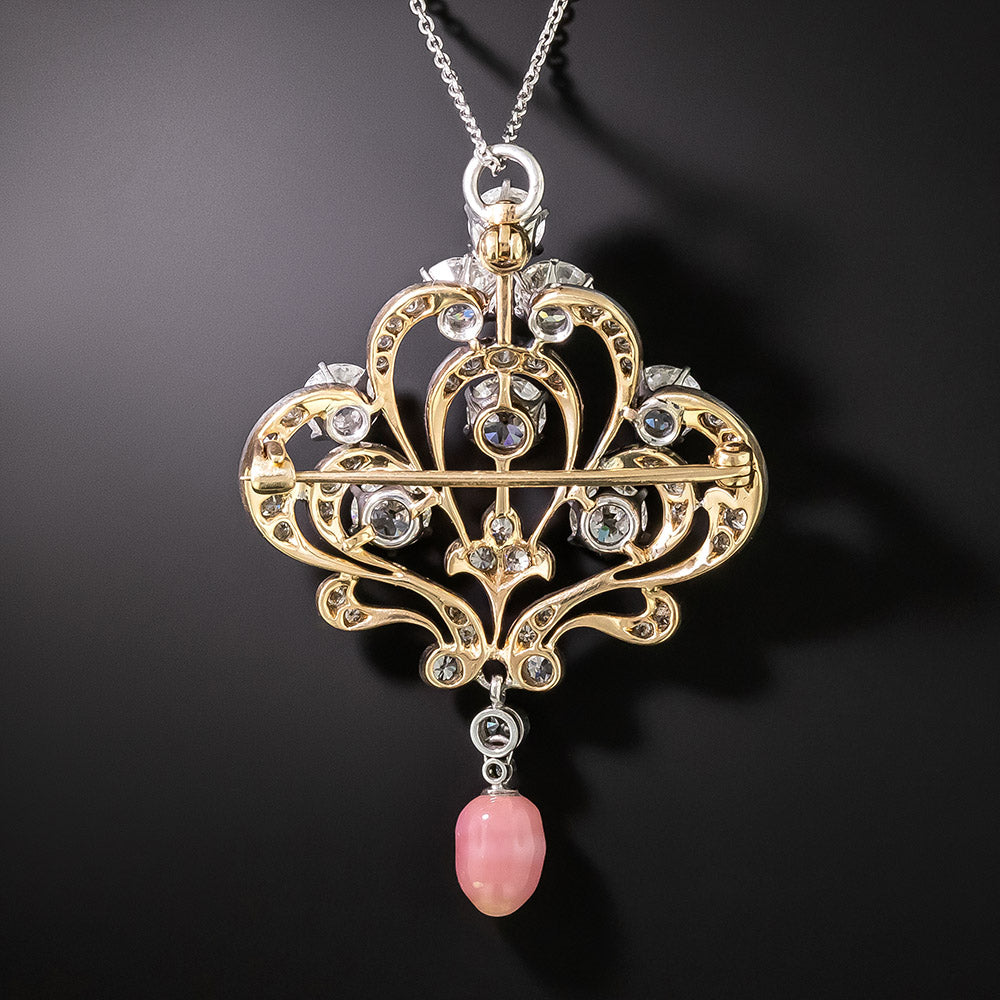 Edwardian Diamond and Conch Pearl Lavaliere/Brooch - 2