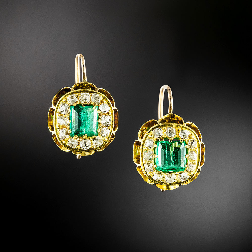 Victorian Emerald And Diamond Dangle Earrings - 2