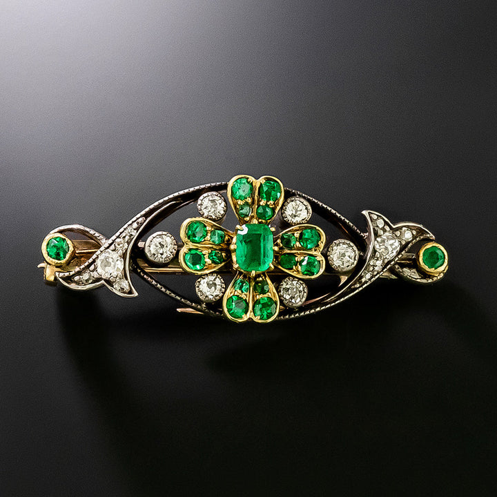 Victorian Emerald and Diamond Flower Brooch