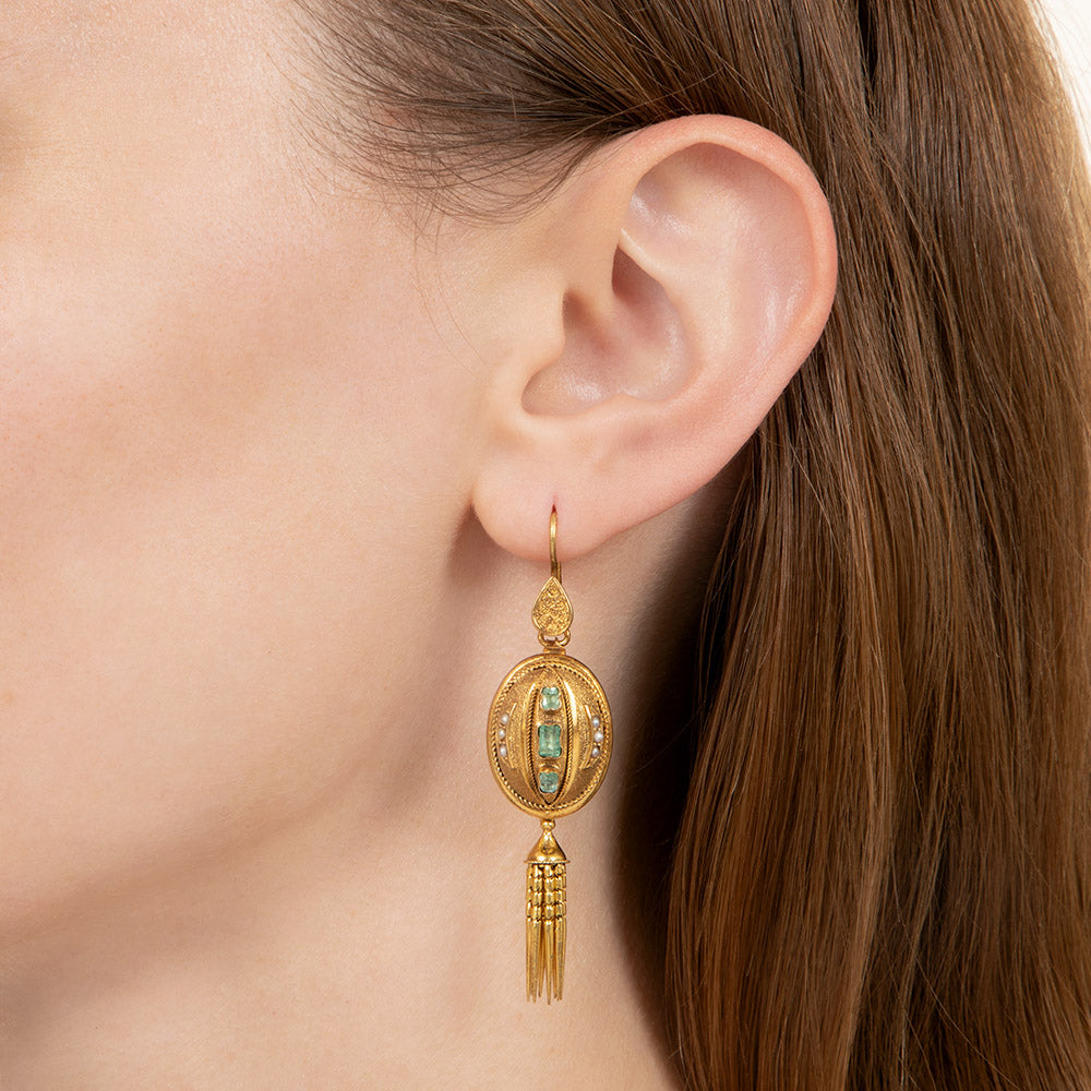 Victorian Emerald and Pearl Tassel Earrings and Brooch/Pendant - 24
