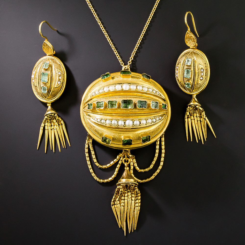 Victorian Emerald and Pearl Tassel Earrings and Brooch/Pendant - 1