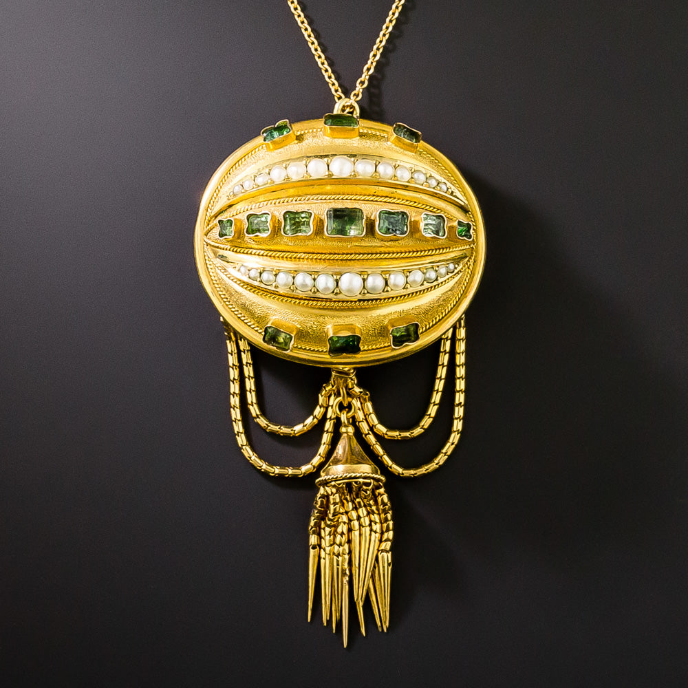 Victorian Emerald and Pearl Tassel Earrings and Brooch/Pendant - 4