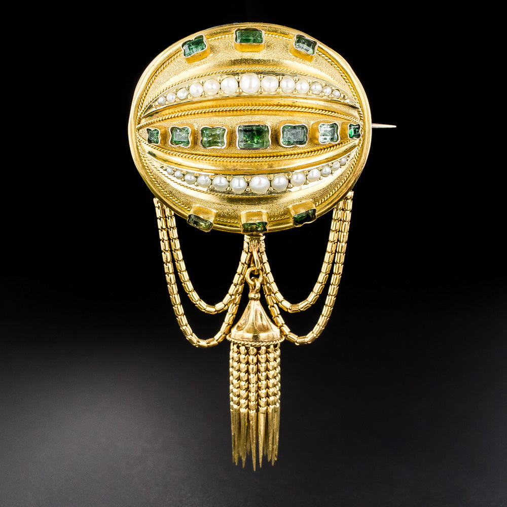 Victorian Emerald and Pearl Tassel Earrings and Brooch/Pendant - 5