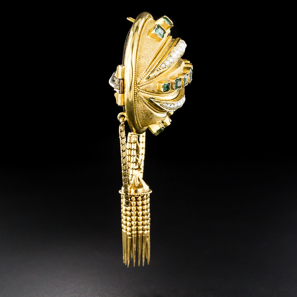 Victorian Emerald and Pearl Tassel Earrings and Brooch/Pendant - 16