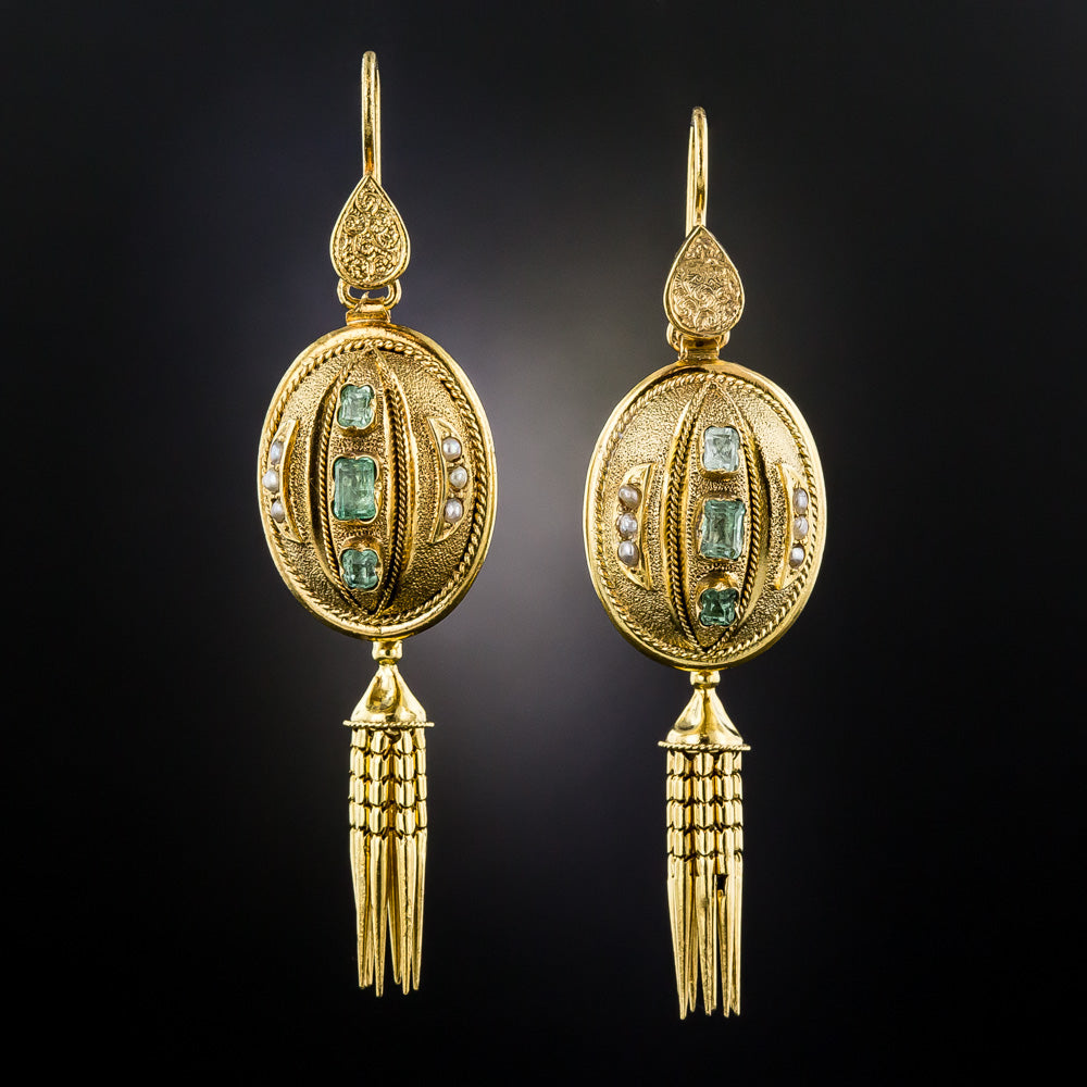 Victorian Emerald and Pearl Tassel Earrings and Brooch/Pendant - 17
