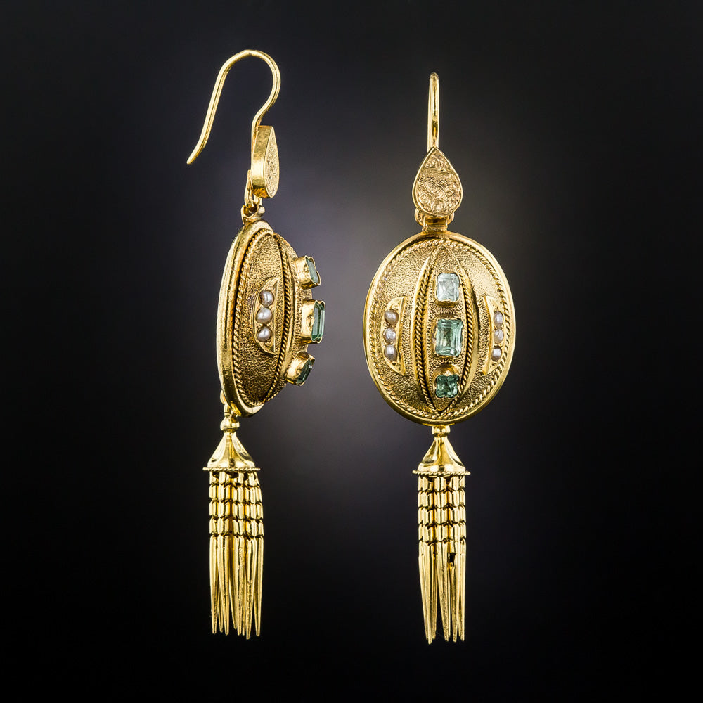 Victorian Emerald and Pearl Tassel Earrings and Brooch/Pendant - 18