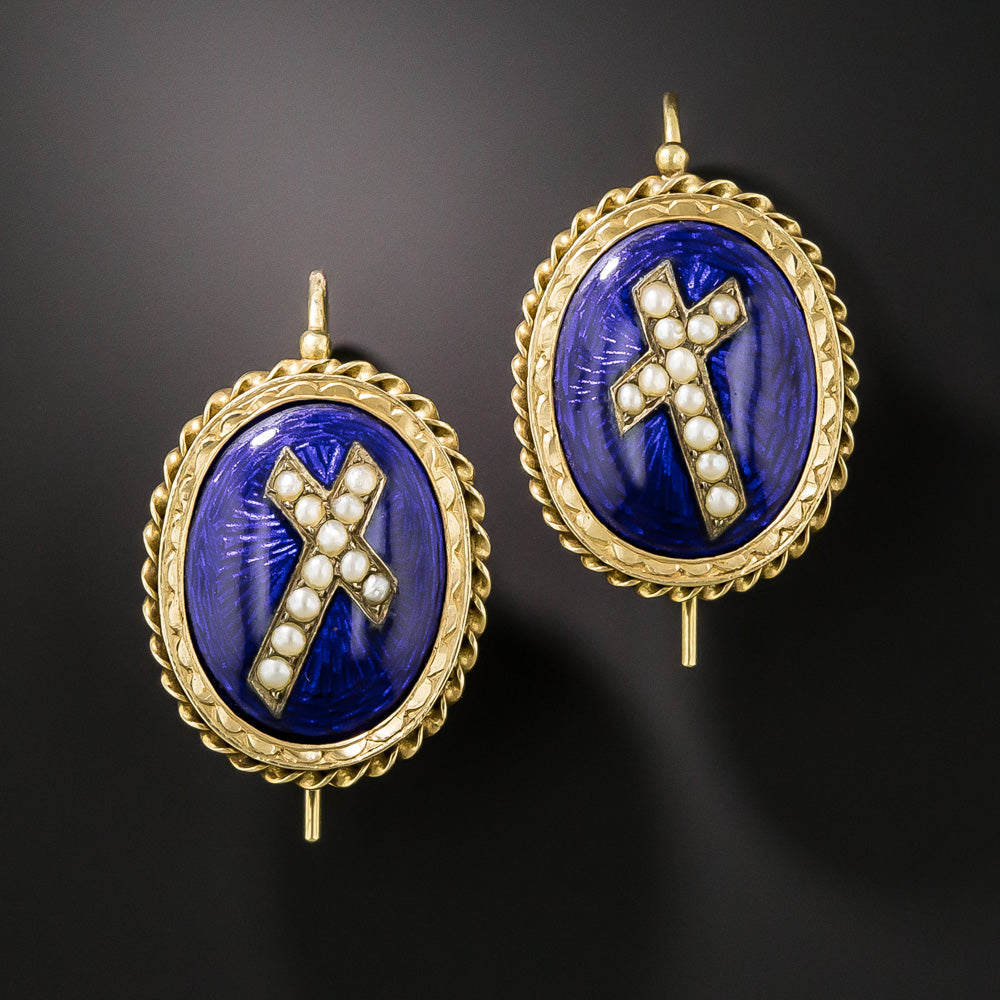 Victorian Enamel and Natural Pearl Cross Brooch and Earring Set - 9