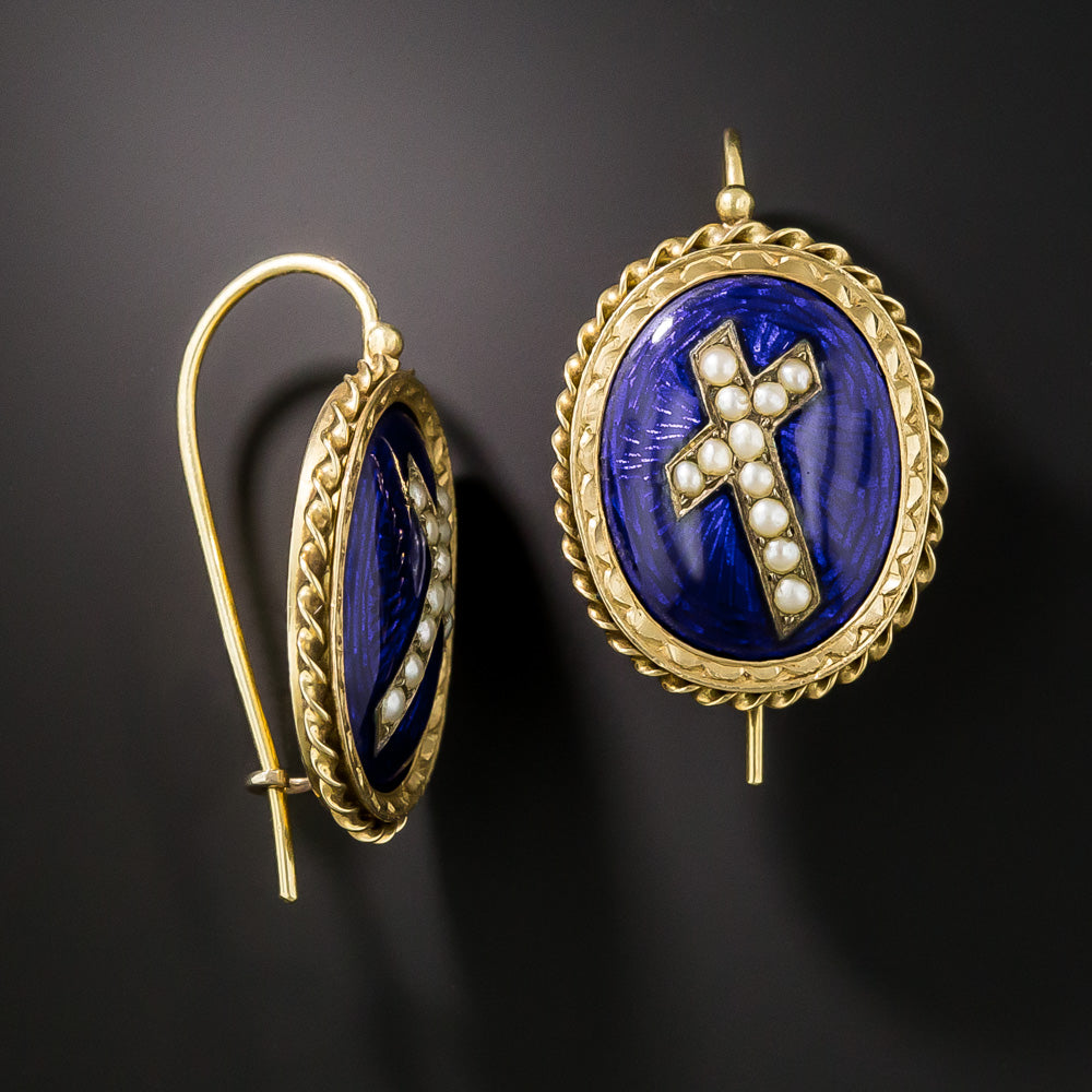 Victorian Enamel and Natural Pearl Cross Brooch and Earring Set - 10