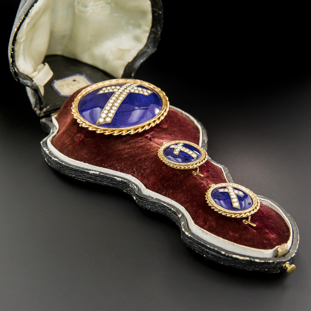 Victorian Enamel and Natural Pearl Cross Brooch and Earring Set - 14