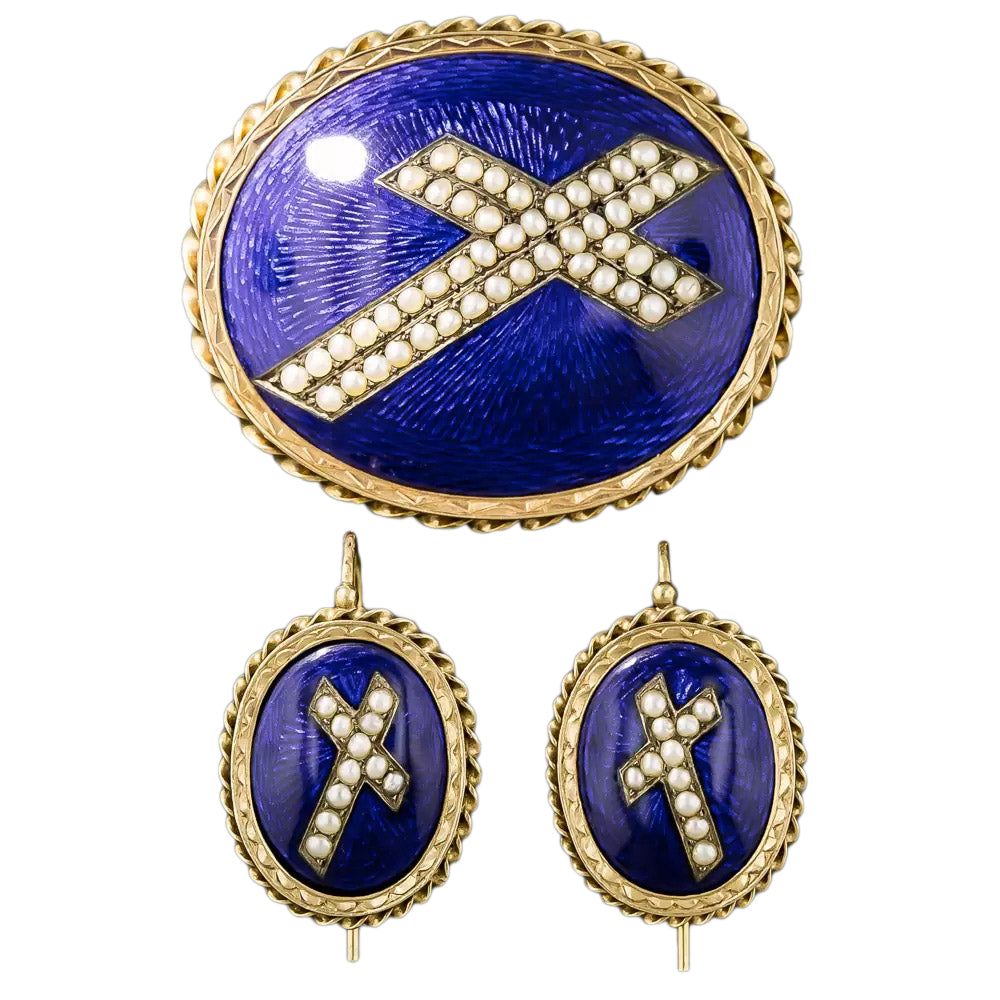 Victorian Enamel and Natural Pearl Cross Brooch and Earring Set - 15