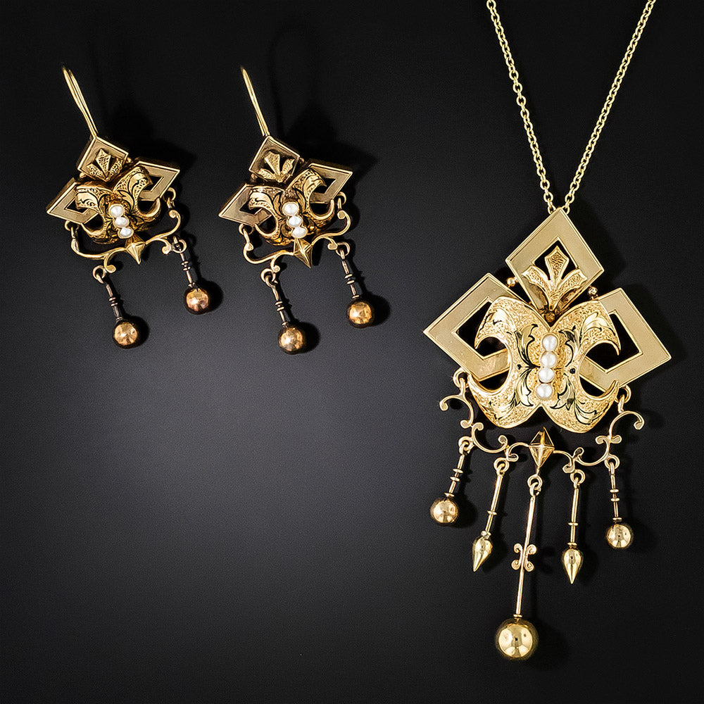 Victorian Enamel and Pearl Necklace And Earrings - 7