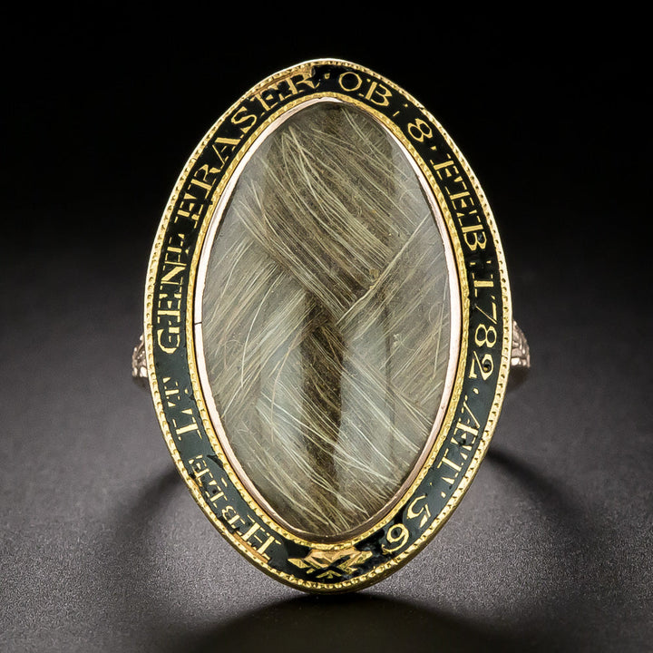 Victorian Enamel and Woven Hair Memorial Ring, 1856