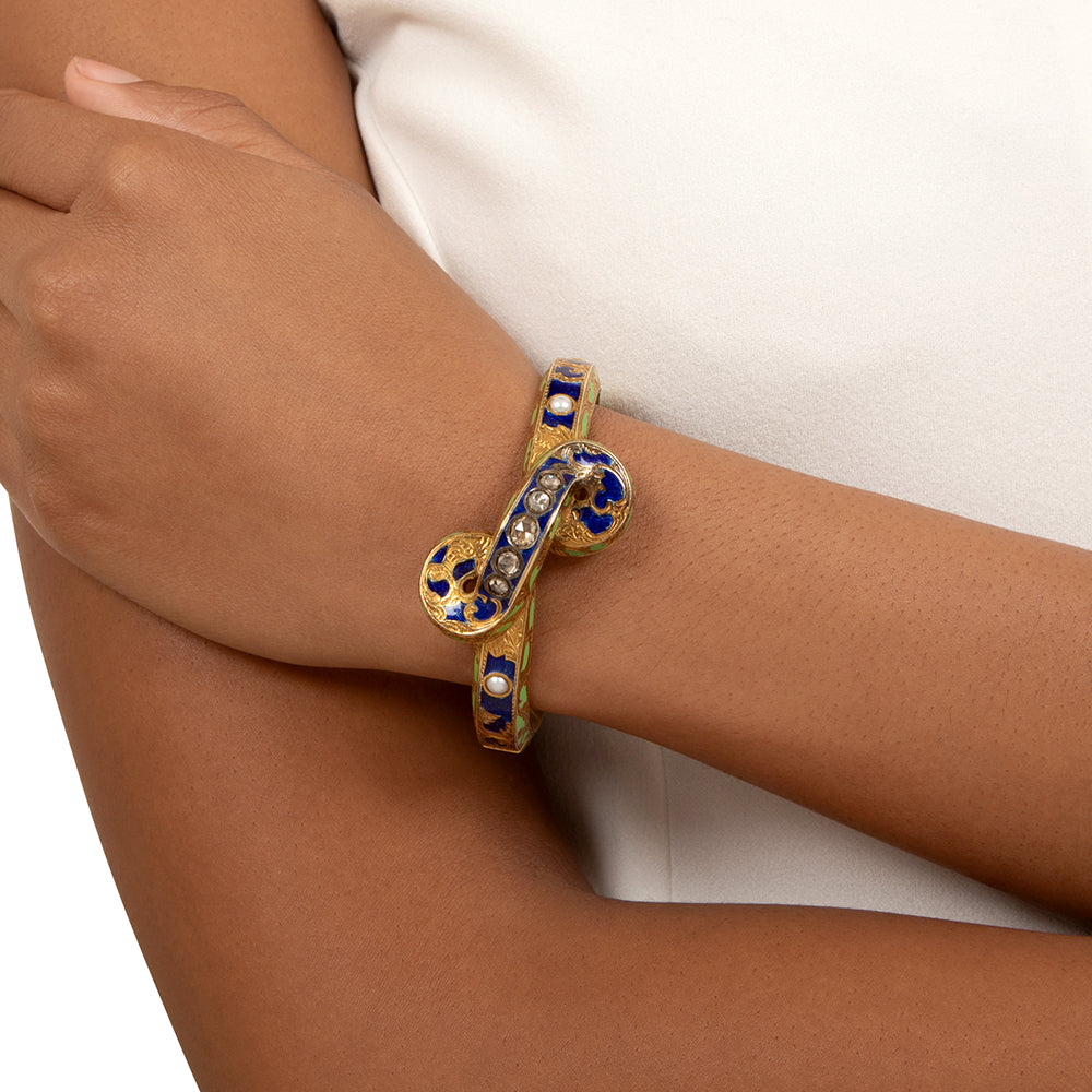 Victorian Enamel, Diamond and Natural Pearl Bangle Bracelet - 6