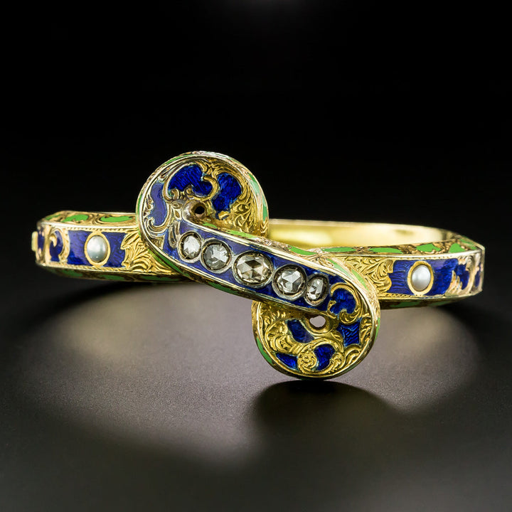 Victorian Enamel, Diamond and Natural Pearl Bangle Bracelet