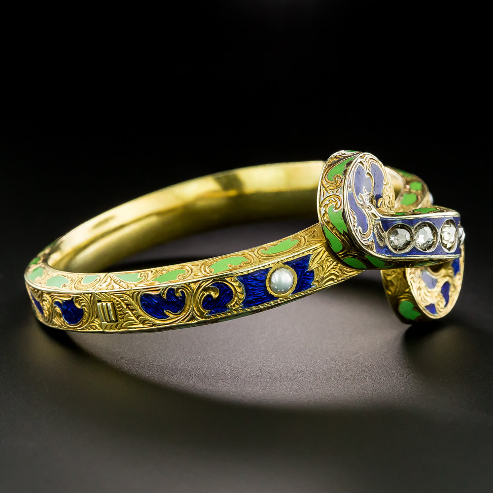 Victorian Enamel, Diamond and Natural Pearl Bangle Bracelet - 3