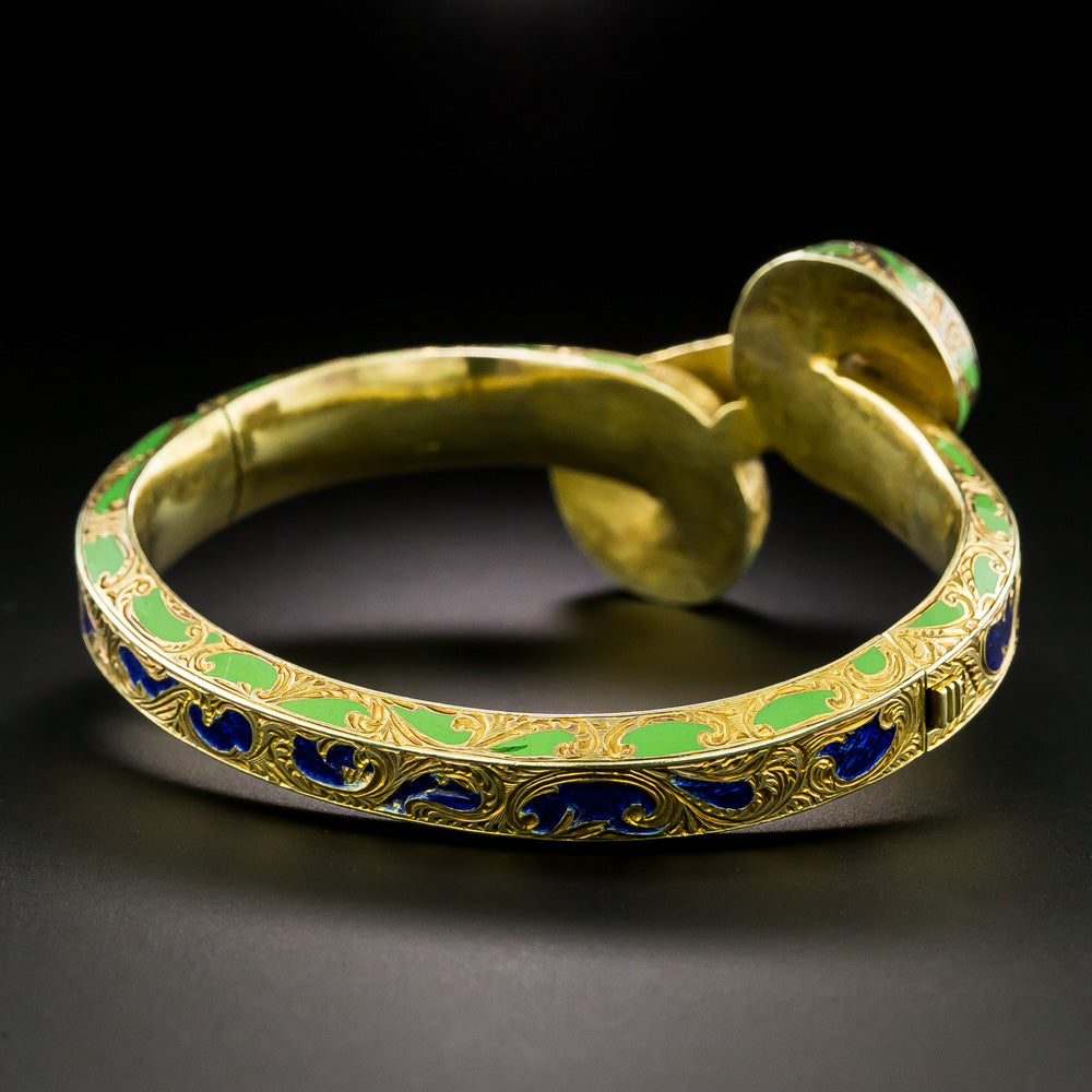 Victorian Enamel, Diamond and Natural Pearl Bangle Bracelet - 4