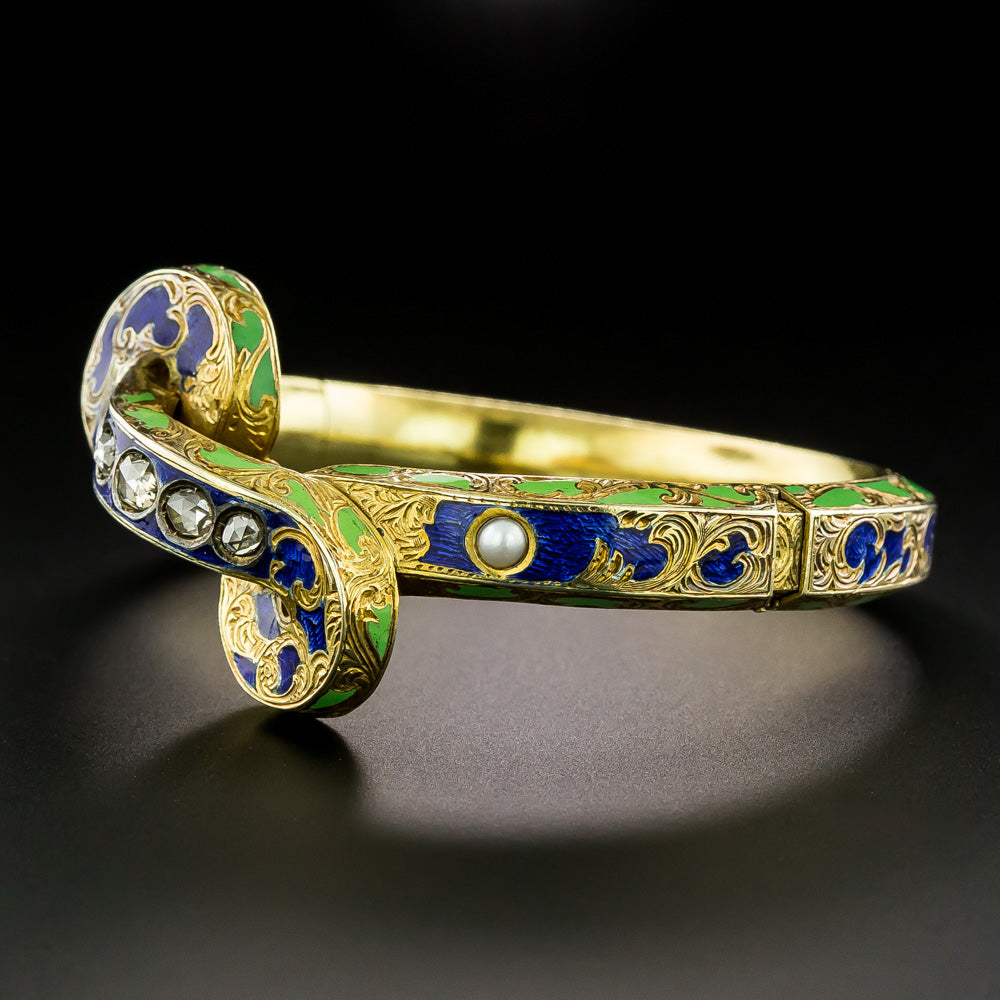 Victorian Enamel, Diamond and Natural Pearl Bangle Bracelet - 5