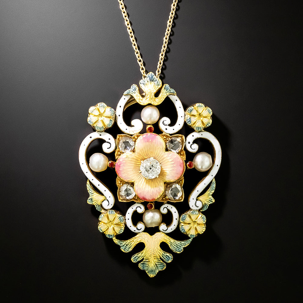 Victorian Enamel, Diamond and Pearl Pendant/Brooch - 2