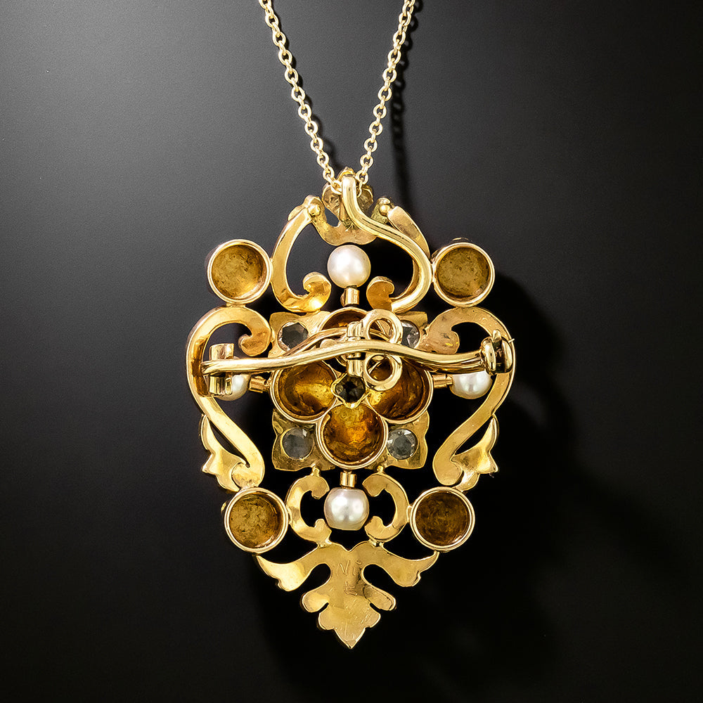 Victorian Enamel, Diamond and Pearl Pendant/Brooch - 3