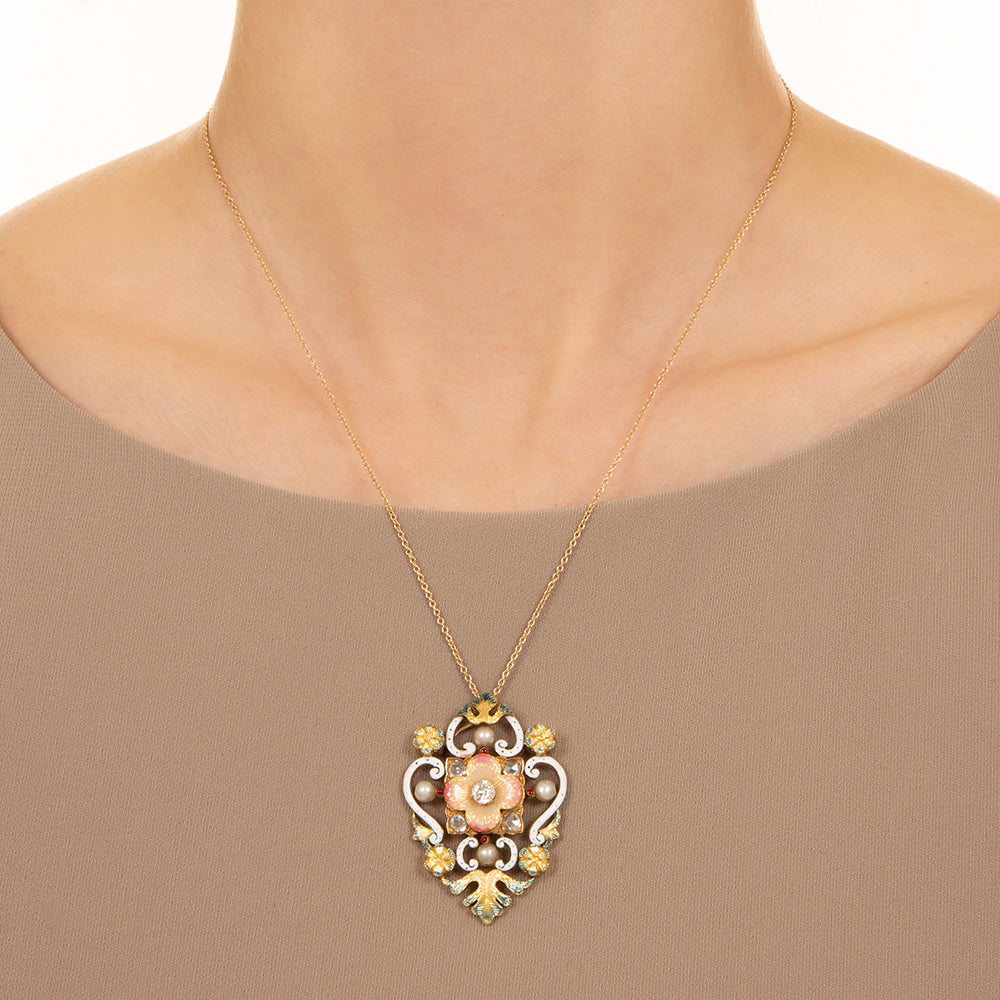 Victorian Enamel, Diamond and Pearl Pendant/Brooch - 4